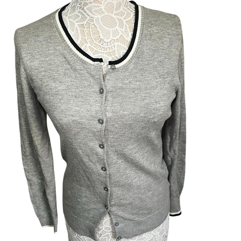 GAP Gray Cardigan with Black & White Stripe Trim — Women’s Medium- Preppy